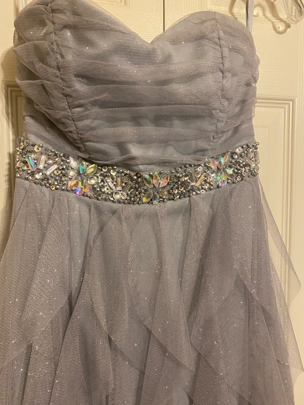 Strapless Shimmery Silver-Gray Formal Dress with Beaded Waist